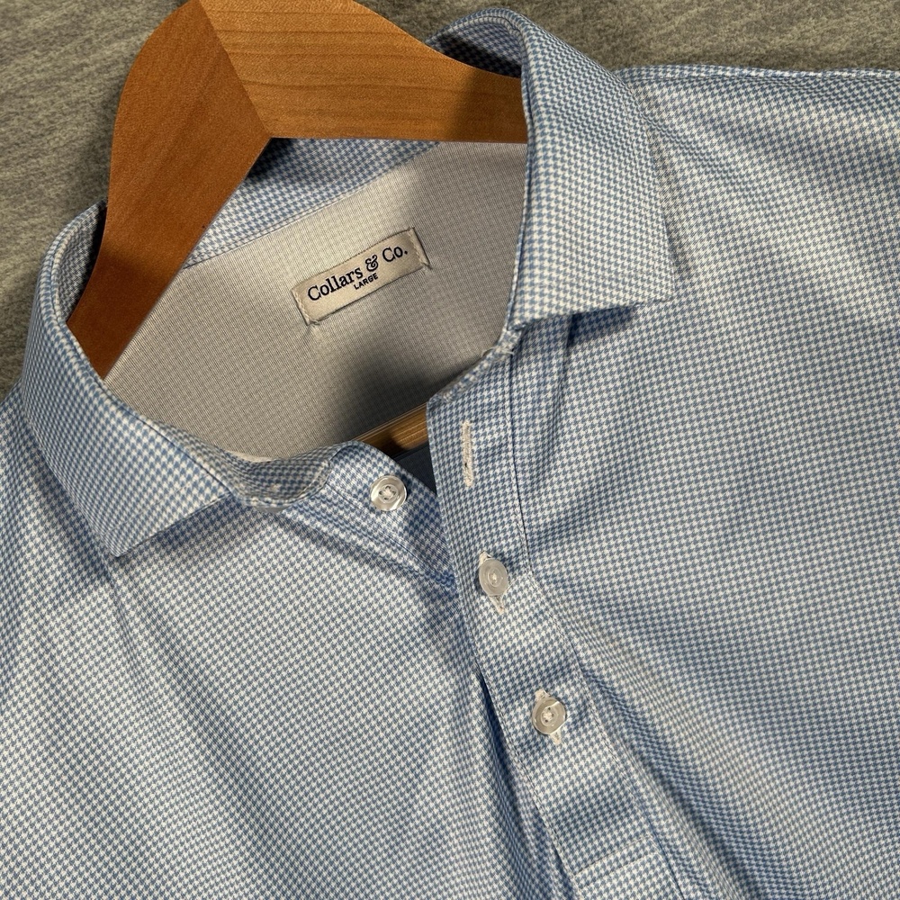 Collars & Co. Polo Shirt Mens Large Blue Gingham Dress Collar Lightweight Preppy